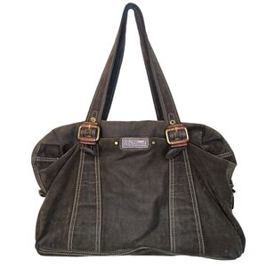 Fossil Vintage Brown/Green Canvas & Leather Duffel Bag Spacious Weekender